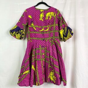 African Wax Print Pink Yellow Black Elephant Bold Pattern Circle Dress Med